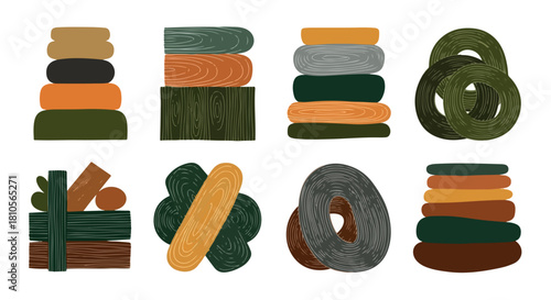 Stacked stones, wood textures, and circular shapes