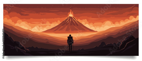 Volcano trekking adventure banner featuring a hiker approaching a distant volcano