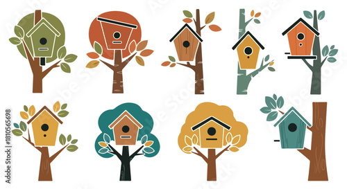 Birdhouses on trees in various colors