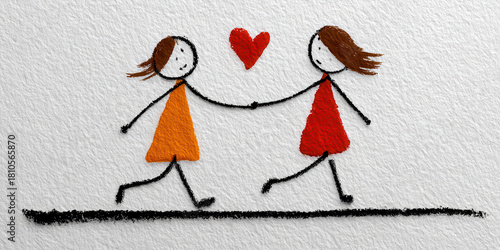 Chalk Drawing of Two Female Stick Figures Walking Hand in Hand with Red Heart