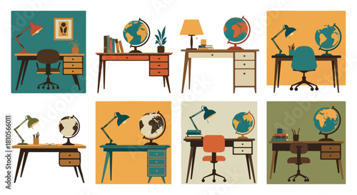 Desk setups with globes and lamps, study spaces