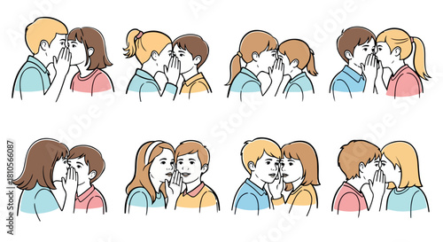 Kids whispering secrets together in various poses