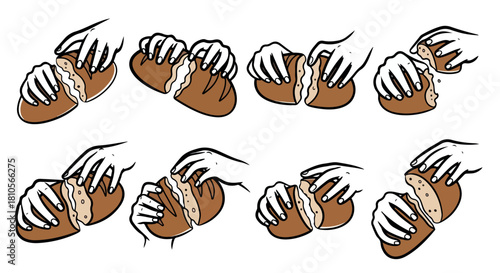 Hands holding and breaking bread with frosting