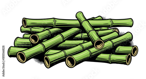 Pile of green sugarcane stalks with transparent background