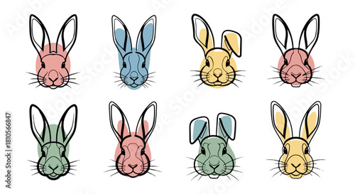 Rabbit faces in pastel colors with transparent background