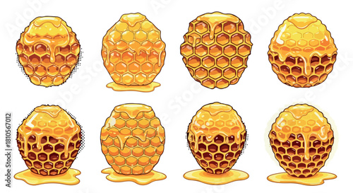 Honeycomb shapes with dripping honey with transparent background