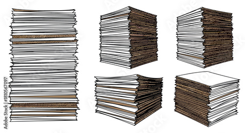 Stacked paper piles in various arrangements