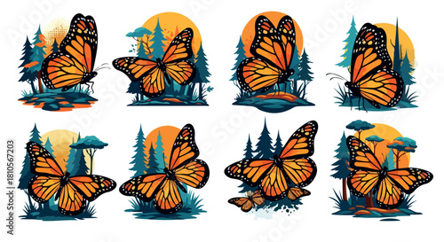 Monarch butterflies in forest landscape with sunset