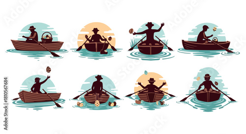 People rowing boats on water with hats and paddles