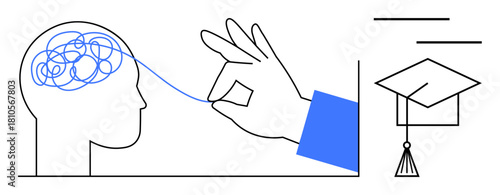 Hand unraveling tangled brain line into organized thread next to graduation cap. Ideal for education, problem-solving, mental clarity, knowledge, self-improvement, guidance, simple flat metaphor