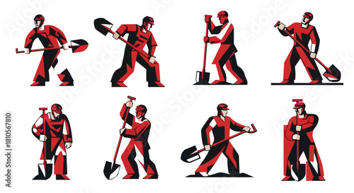 Construction workers with shovels in red and black