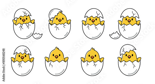 Baby chicks hatching from eggs with transparent background