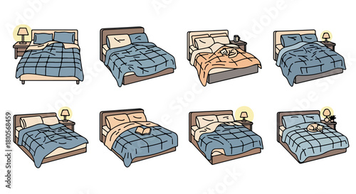 Cozy beds with blankets and lamps in various states