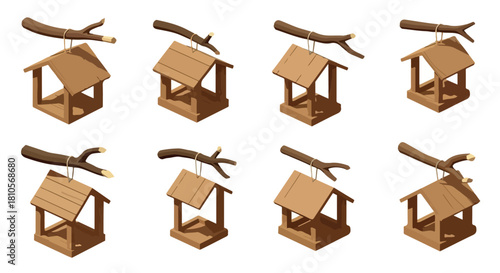 Wooden birdhouse on branch set with transparent background