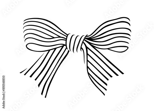 Black and white minimalistic bow drawn with lines on a transparent PNG background. Striped ribbon bow.