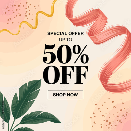An eye-catching promotional graphic showcasing a special offer of up to 50% off, filled with vibrant colors, leaves, ribbons, and a dynamic layout for greater attention.
