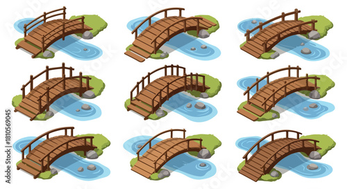 Wooden bridges over water in various angles