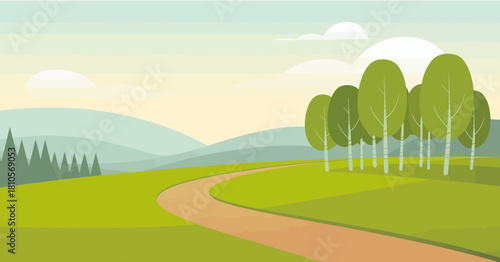 A serene landscape illustration featuring rolling hills, lush greenery, and tall trees, evoking feelings of tranquility and the beauty of nature in a minimalist artistic style.