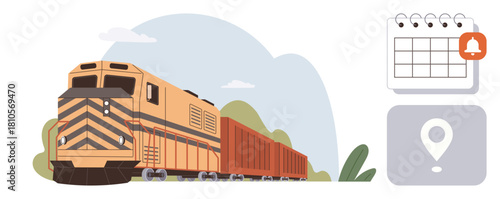 Freight train transporting goods with calendar notification and map pin, symbolizing logistics, scheduling, delivery, planning, travel, transportation, and coordination. Ideal for simple flat