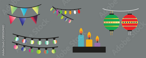Festive decorations for celebrations with colorful flags, string lights, candles, and lanterns creating a joyful and vibrant atmosphere for any special occasion