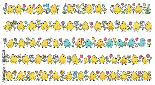 Seamless pattern of yellow chicks and colorful spring flowers