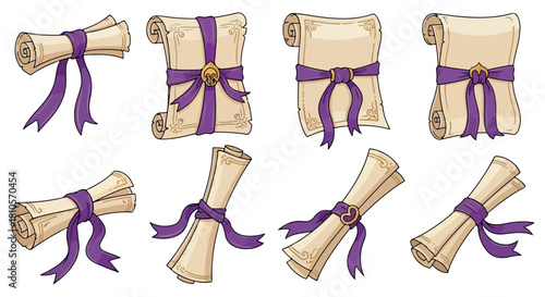 Rolled scrolls with purple ribbons, isolated