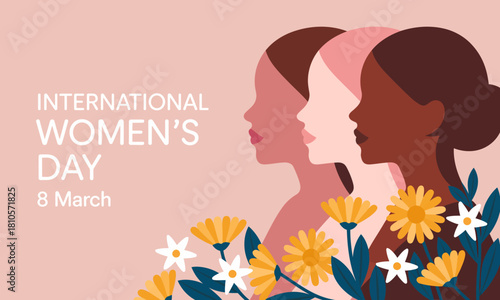 A vibrant illustration celebrating International Women's Day, showcasing diverse female silhouettes and floral designs, symbolizing unity, strength, and empowerment among women.