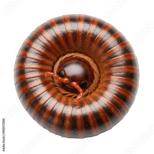 Giant Millipede Curled in Defensive Ball Shape with Detailed Segmented Body and Antennae Isolated on Black Background Macro Photography Studio Lighting