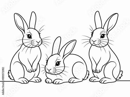 This coloring page illustration features three cute bunnies, perfect for a fun and relaxing activity for both kids and adults who enjoy coloring and creativity.