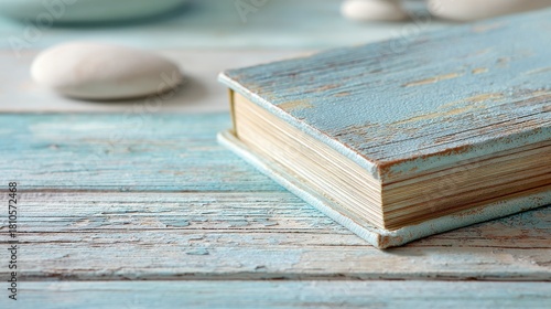 A close-up of a weathered blue book resting on a rustic wooden surface, surrounded by smooth stones, evoking a serene and tranquil atmosphere.