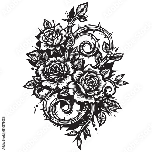 Black and white vector art of roses with thorns and leaves