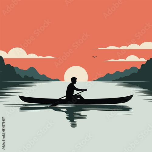 Man rowing boat silhouette in lake at sunset mountains and bird vector illustration