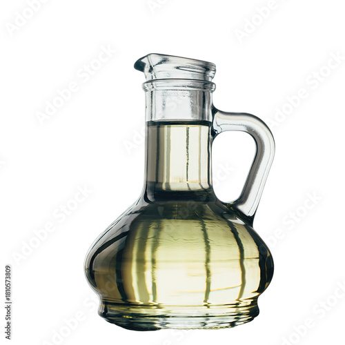 Glass Cruet Filled With Golden Olive Oil Isolated On A Transparent Background With Reflective Highlights Showcasing A Household Product
