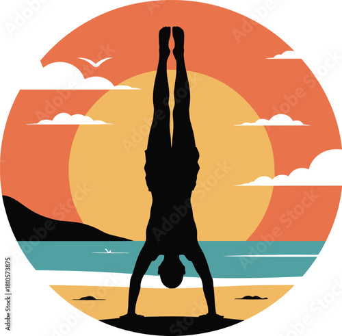 Silhouette of Person Doing Handstand Exercise at Seascape Vector Illustration