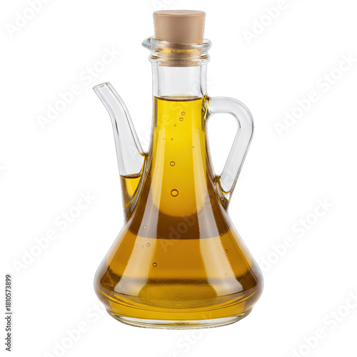 Glass Decanter Filled with Golden Olive Oil Isolated on Transparent Background with Soft Lighting