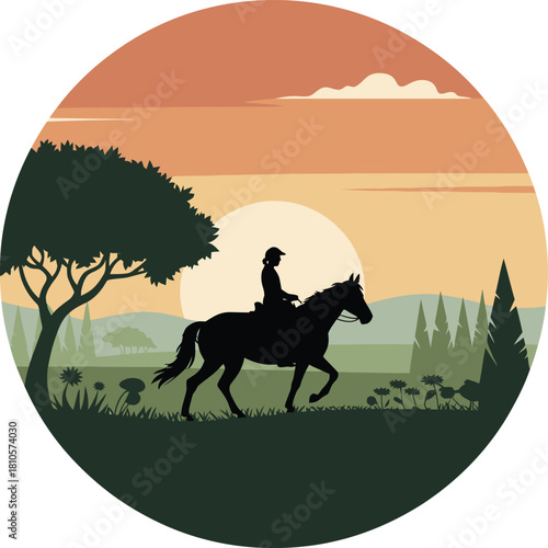Woman riding Horse through serene Meadow at Sunset equestrian Silhouette Landscape