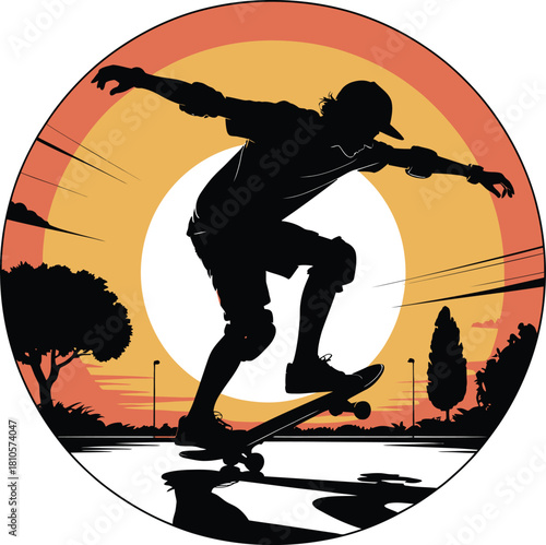 Skateboarder Silhouette Performing Stunt with Urban Landscape in Circle Background