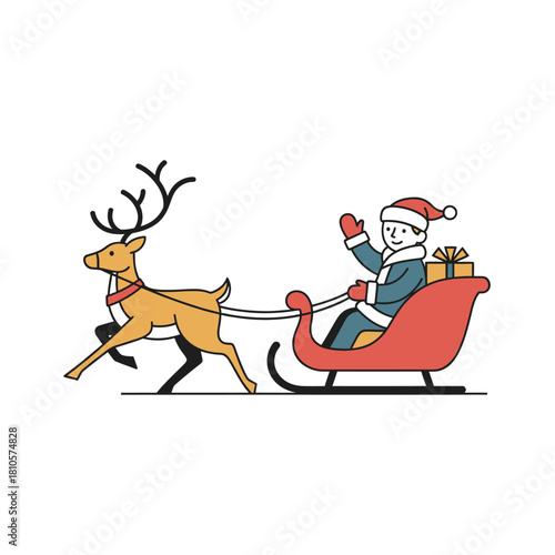 A simple line art illustration of Santa Claus waving from a red sleigh pulled by a brown reindeer, carrying a gift box.