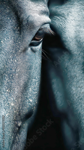 Extreme Close-up of Horse's Eye and Textured Blue Coat with White Specks