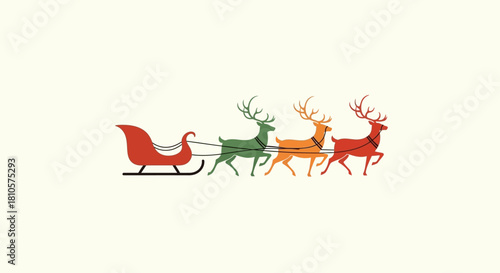 Illustration of Santa's sleigh being pulled by three reindeer on a cream background.