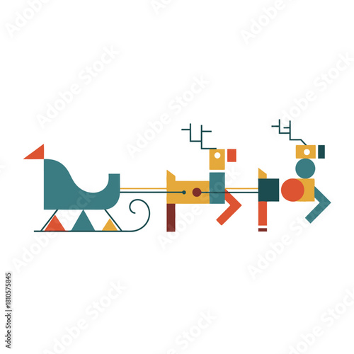 Geometric Christmas illustration of a sleigh pulled by two reindeer on a white background.