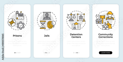 Correctional institutions onboarding mobile app screen. Justice system. Walkthrough 4 steps editable graphic instructions with linear concepts. UI, UX, GUI. Montserrat SemiBold, Regular fonts used