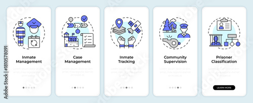 Correctional management systems onboarding mobile app screen. Walkthrough 5 steps editable graphic instructions with linear concepts. UI, UX, GUI. Montserrat SemiBold, Regular fonts used