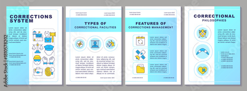 Corrections system blue brochure layout. Penitentiary facilities, management and philosophies. Leaflet advertising design with color line icons. Editable 4 pages. Arial, Myriad Pro-Regular fonts used