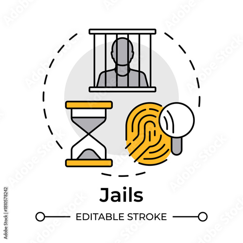 Jails multi color concept icon. Short term locally run facilities. Criminals treatment. Correctional institution. Round shape line illustration. Abstract idea. Graphic design. Easy to use in booklet