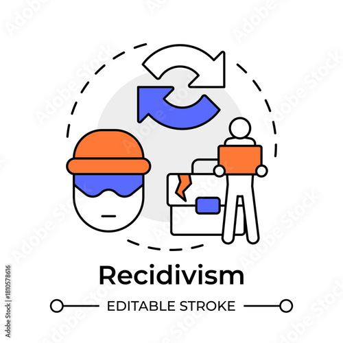 Recidivism multi color concept icon. Return to prison. Contemporary issues in correctional management. Round shape line illustration. Abstract idea. Graphic design. Easy to use in booklet