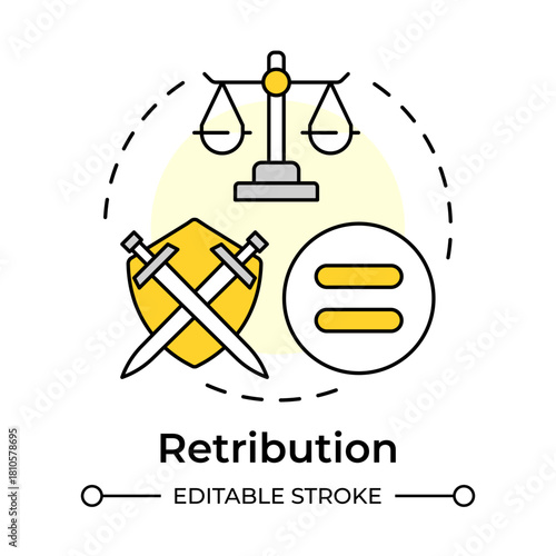 Retribution multi color concept icon. Punishment proportionate to guilt. Crime prevention. Corrections management. Round shape line illustration. Abstract idea. Graphic design. Easy to use in booklet