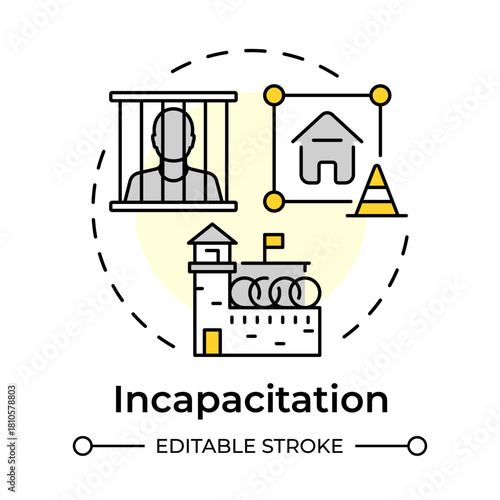 Incapacitation multi color concept icon. Physically removing offenders. Crime prevention. Corrections management. Round shape line illustration. Abstract idea. Graphic design. Easy to use in booklet