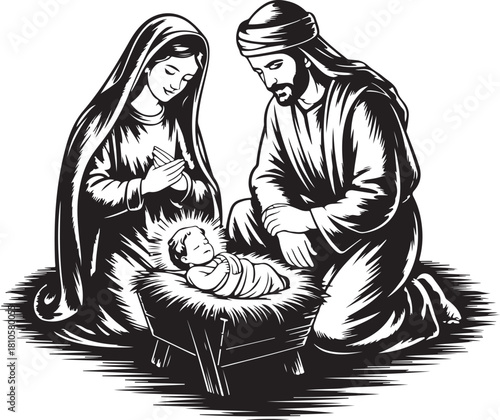 Holy Family Nativity Woodcut Illustration 