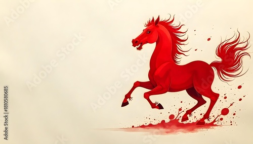 A red horse gallops on a white background, symbolizing the Year of the Horse for Lunar New Year celebrations